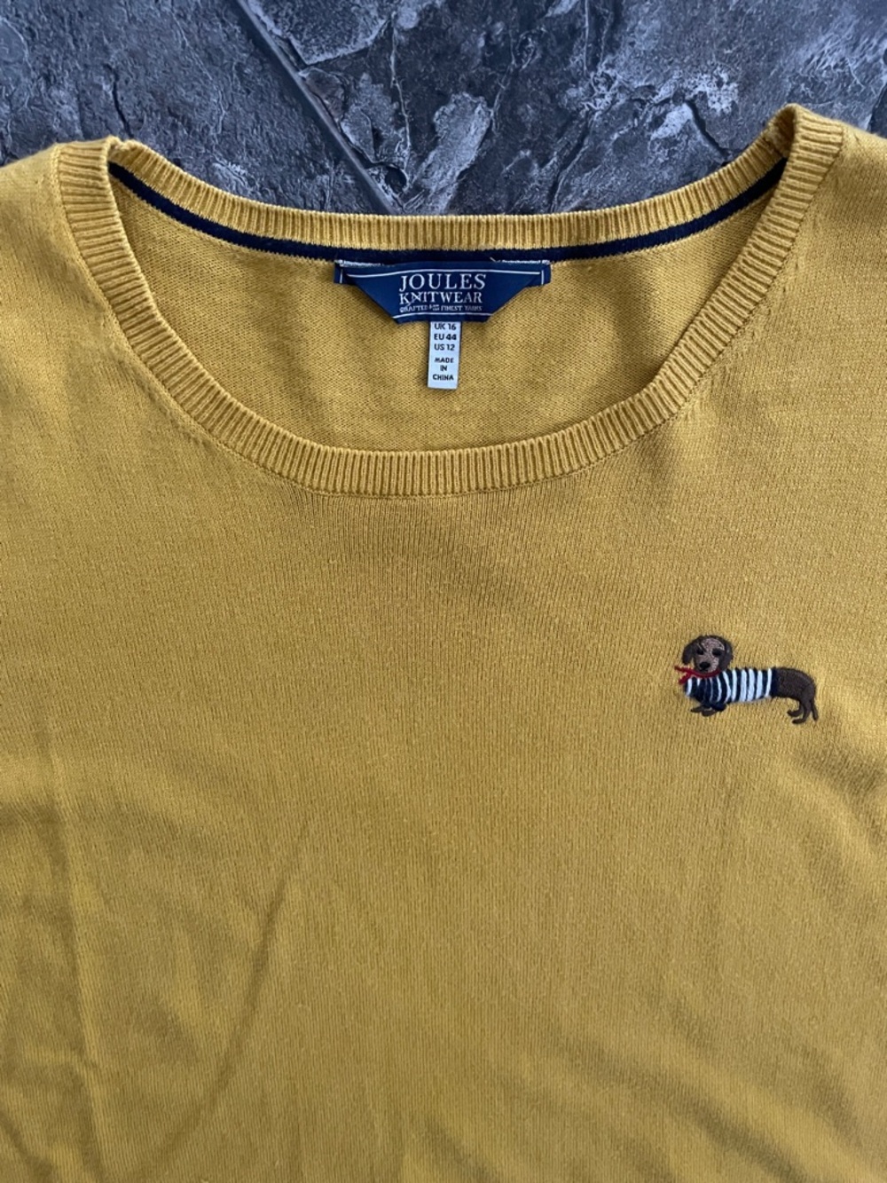 JOULES Dachshund Whimsical Embroidered Mustard Cozy Coastal Crewneck Sweater